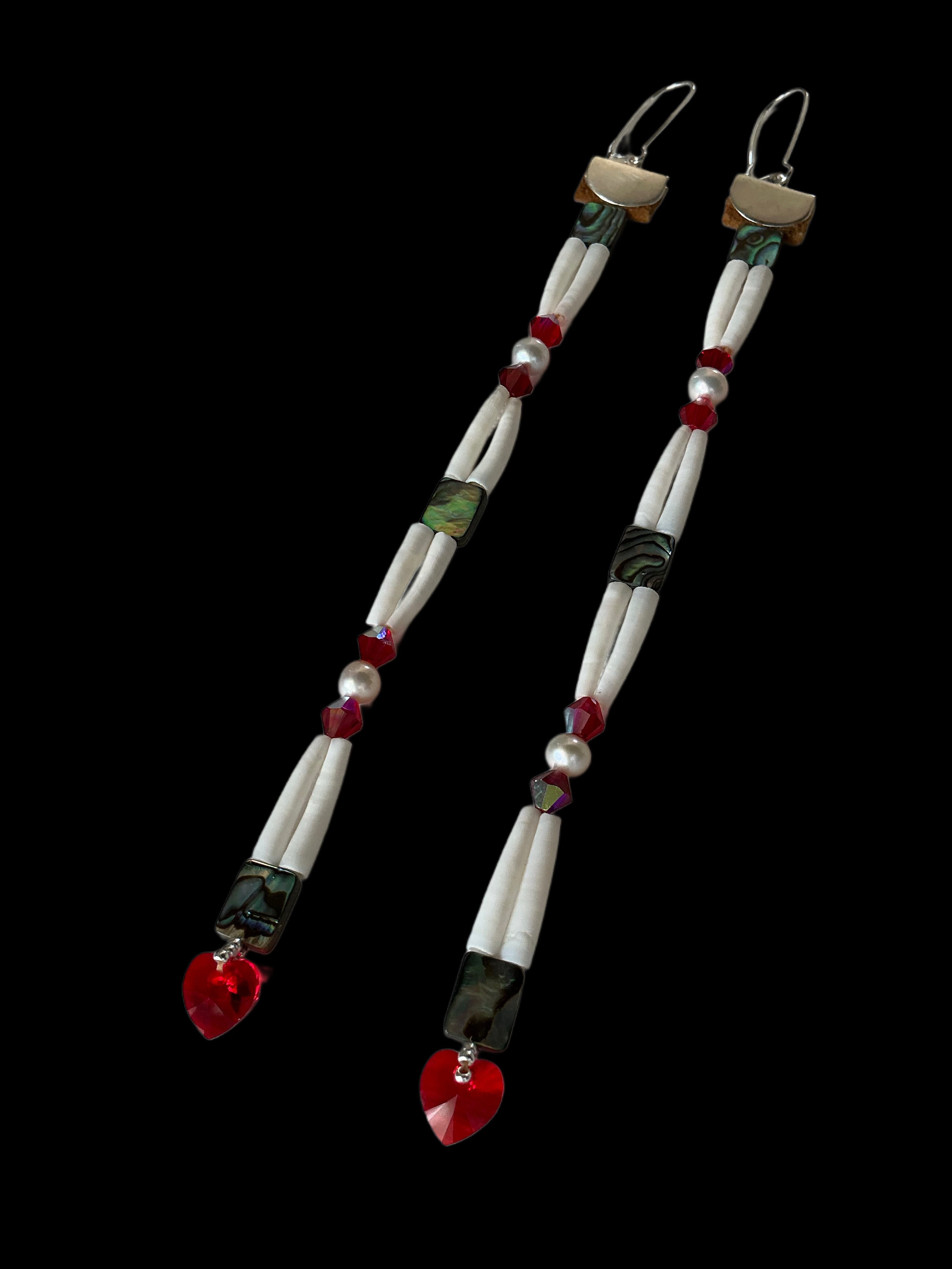 Red Heart Dentalium Earrings w/ Abalone Shell & CZ Crystal Beads
