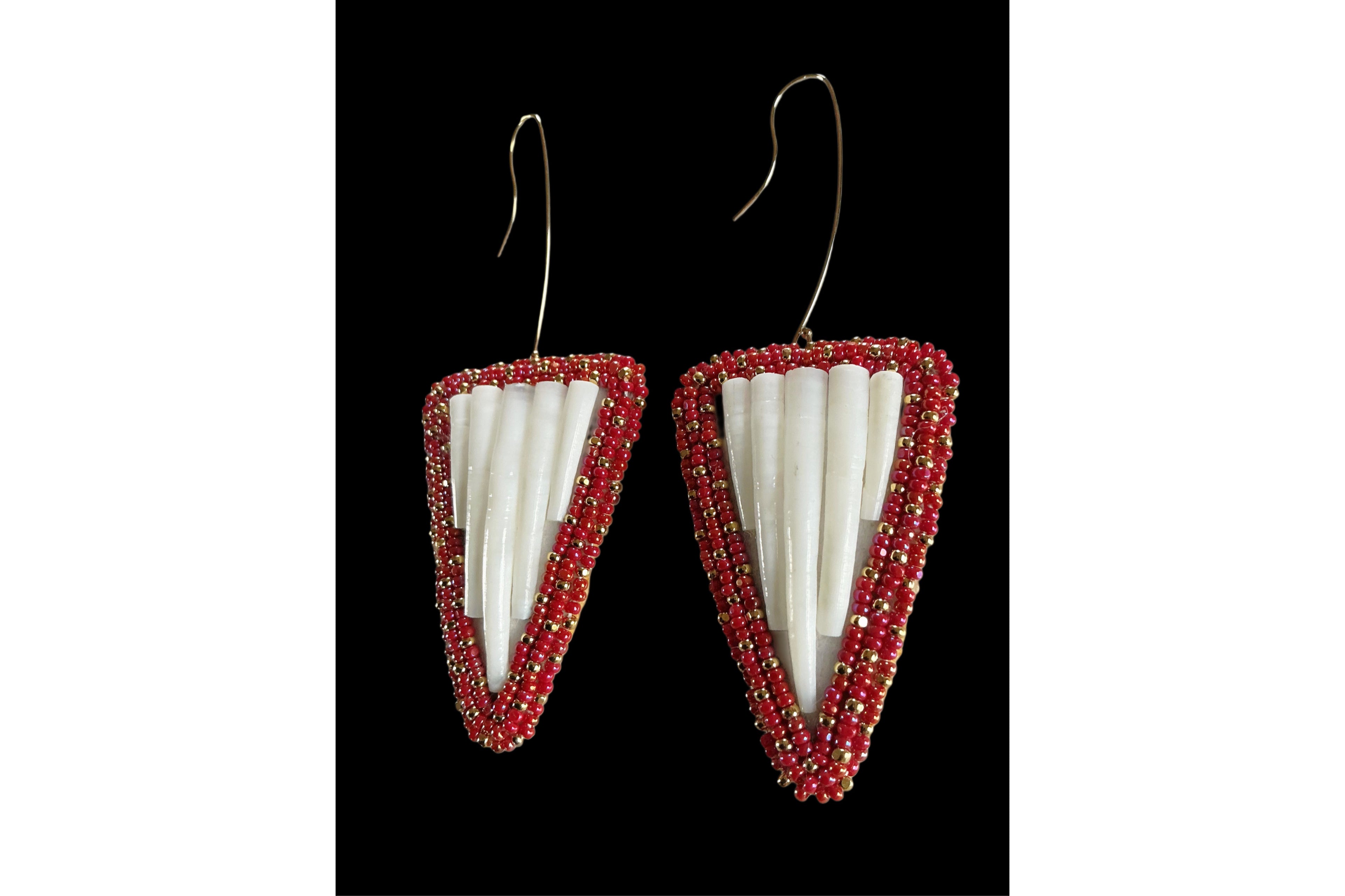 Beaded Arrow - Dentalium Earrings - Red & Gold Seed Beads