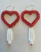 Beaded Heart Earrings - Dentalium Drop w/ CZ White Pearl Crystal
